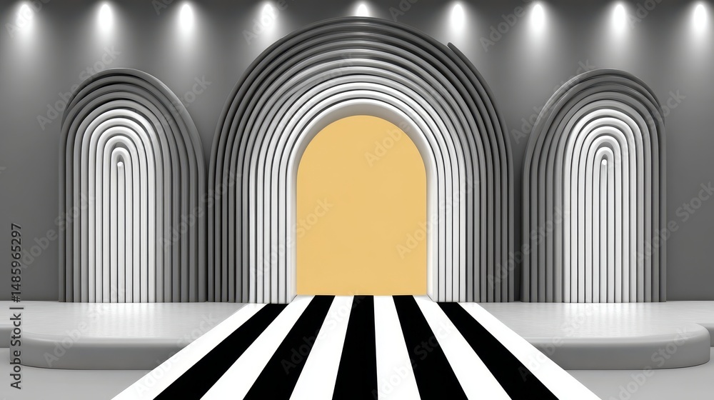 Fototapeta premium Abstract Modern Stage Design Black and White Striped Pathway to Yellow Archway