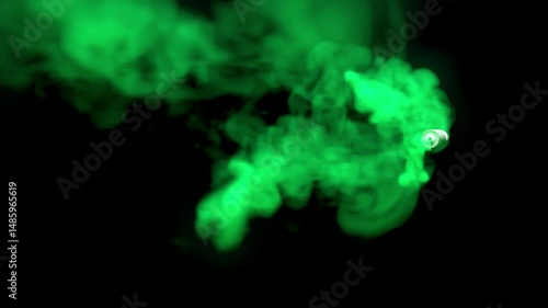 Smoke grenade drifts through swirling green smoke against a black background in a dark abstract 3D animation
