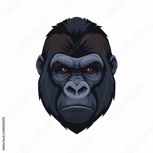 Gorilla face with dark fur, peering intensely with detailed eyes. Vector illustration