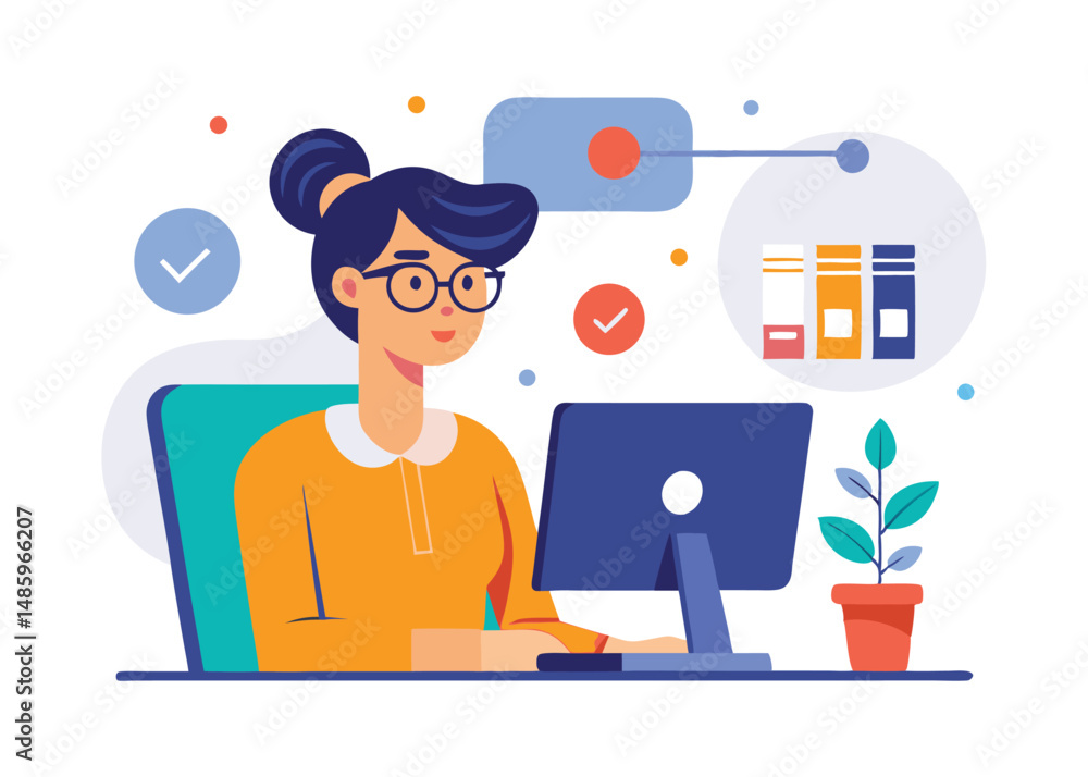 Graphic designer concept illustration. A character using computer sitting on table vector on white background Graphic designer concept illustration. A character using computer sitting on table vector on white background
