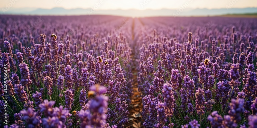 Naklejka premium Honeybee Haven: Dotted Lavender Field