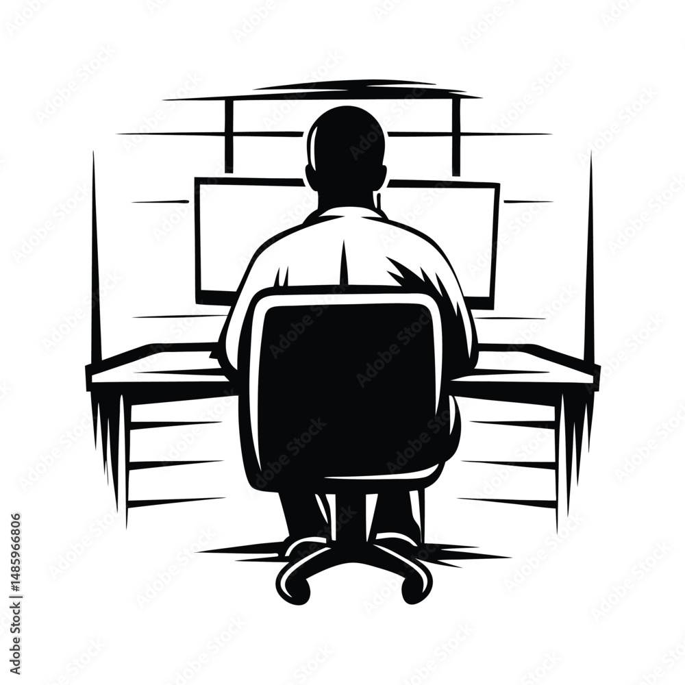 Monochrome Design of Man Working at Desk with Computer Inside Round Monochrome Design of Man Working at Desk with Computer Inside Round