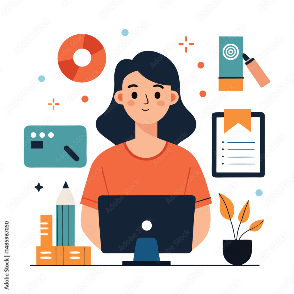Graphic designer concept illustration. A character using computer sitting on table vector on white background Graphic designer concept illustration. A character using computer sitting on table vector on white background