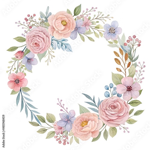 “Delicate floral wreath with open circular composition leaving space in the center for text, soft pastel colors, watercolor style, ideal for wedding invitations and greeting cards”

