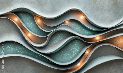 Abstract wavy metallic design, illuminated recesses, textured background, interior wall art