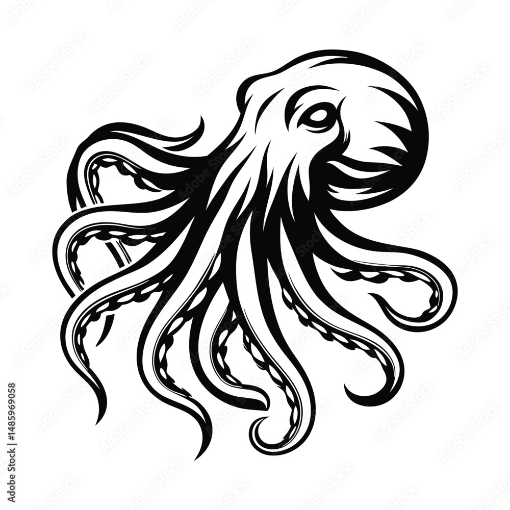 Black and White Octopus with Detailed Tentacles on Isolated Background Black and White Octopus with Detailed Tentacles on Isolated Background