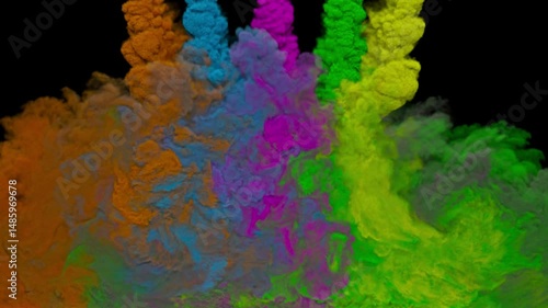 Colorful ink clouds descend and billow through liquid, blending into swirling abstract plumes against a black background, 3d animation