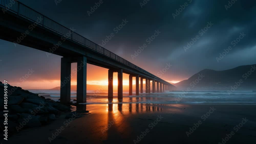 Sunset reflection on wet sand under long pier with ocean, beach, water, clouds, mountains, and sky creating dramatic and peaceful coastal scene Sunset reflection on wet sand under long pier with ocean, beach, water, clouds, mountains, and sky creating dramatic and peaceful coastal scene