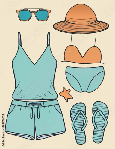 cartoon beach holiday fashion vecor illustration