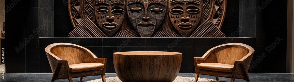 Wooden chairs and table set against an African mask wall art. Wooden chairs and table set against an African mask wall art.