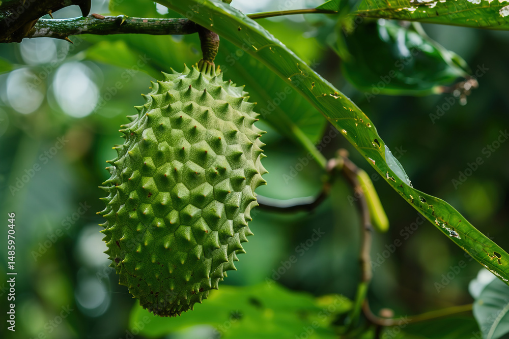 Basket of fresh soursop, green spiky skin highlighted, placed on wooden market stall Basket of fresh soursop, green spiky skin highlighted, placed on wooden market stall