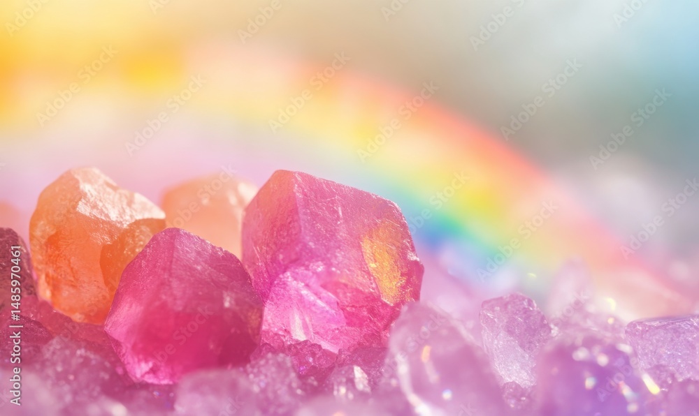 Colorful crystals sparkle near a rainbow Colorful crystals sparkle near a rainbow