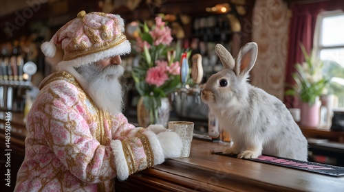 Santa Claus in Fancy Outfit with Rabbit at Cozy Bar During Festive Season
