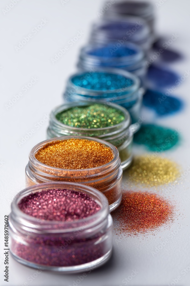 Biodegradable glitter packs arranged in rainbow style with depth of field on white background Biodegradable glitter packs arranged in rainbow style with depth of field on white background