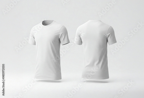 White male t-shirt realistic mockup set from front and back view on grey background, blank textile print design template for fashion apparel