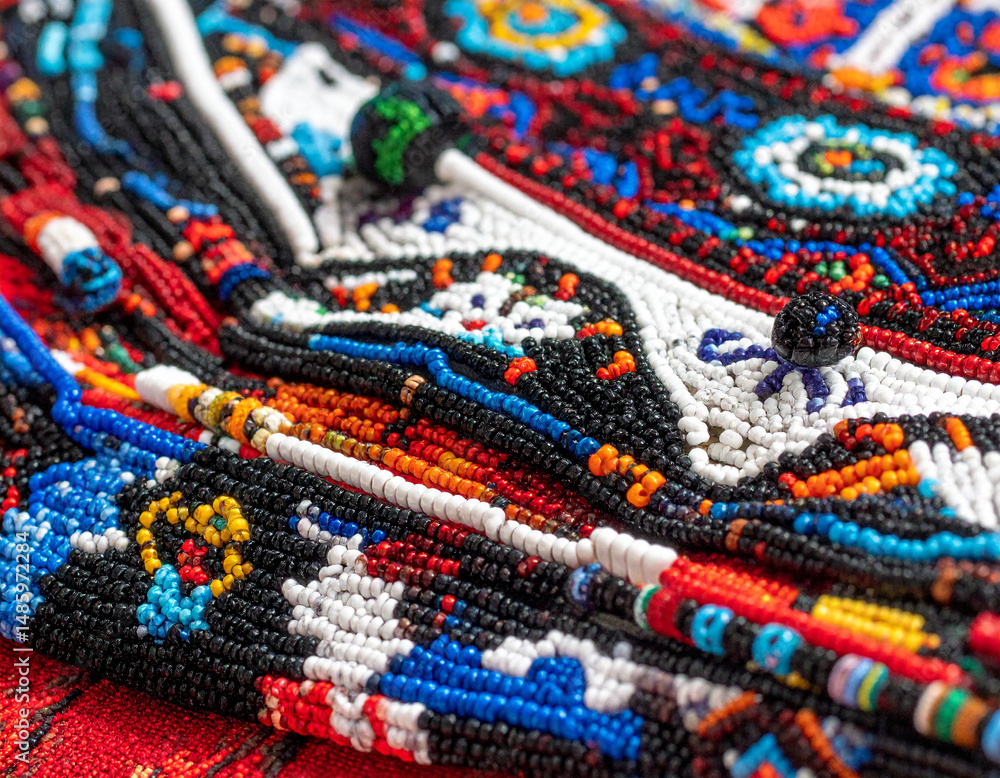 A close-up of intricate beadwork from indigenous Venezuelan communities, showcasing their unique artistry and cultural expression. A close-up of intricate beadwork from indigenous Venezuelan communities, showcasing their unique artistry and cultural expression.