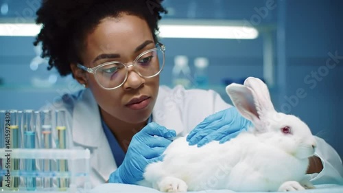 Scientific Research: A focused scientist wearing safety glasses conducts experiments with a docile rabbit in a laboratory setting, embodying precision and innovation in scientific exploration.