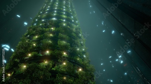 A vibrant futuristic skyscraper, adorned with lush greenery and bright, inviting lights.