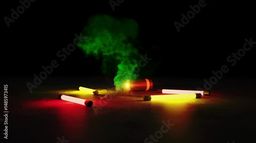 Red and yellow glow sticks lie around a metal smoke canister releasing thick green smoke on a dark surface, 3D animation