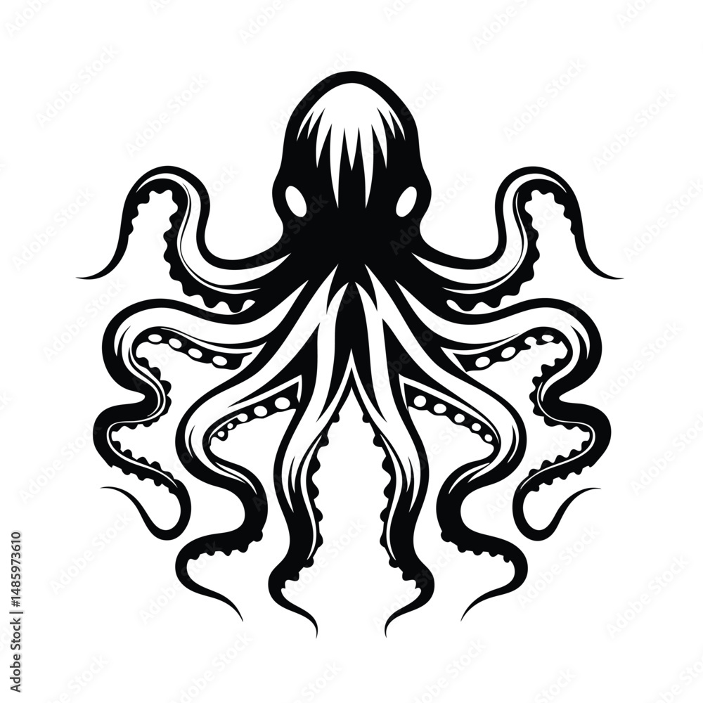 Obraz premium Detailed Octopus Silhouette with Intricate Tentacles and Distinct White Suckers Design