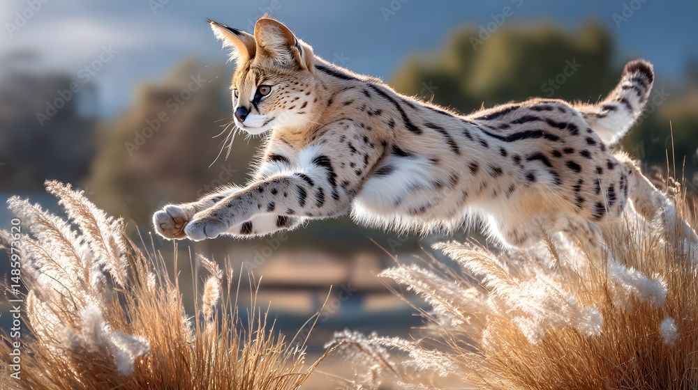 Obraz premium Majestic Wild Cat Leaping Through Tall Grass in a Natural Habitat Setting