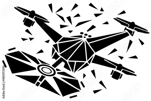 Damaged drone silhouette falling diagonally on a white background with transparency, drone, crashing, falling, damaged, accident, silhouette, vector, technology, broken, crash, malfunction, quadcopter