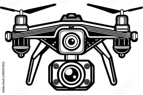 Drone silhouette with camera gimbal on white background for design, drone, camera, gimbal, silhouette, vector, design, front, view, aerial, technology, unmanned, remote, control, photography, videogra