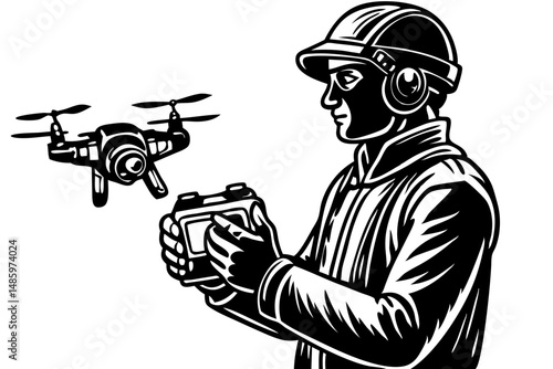 Drone operator holds controller side view in silhouette with transparency, drone, operator, controller, remote, side view, silhouette, person, technology, aerial, photography, videography, hobby, prof