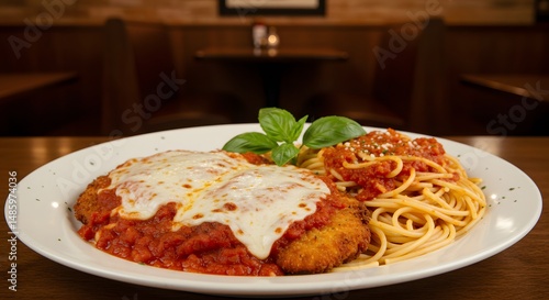 A plate of chicken parmesan with spaghetti in a restaurant setting close up