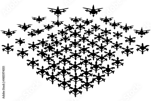 Drone swarm silhouette with distant perspective and multiple small details, drone, swarm, silhouette, vector, remote, futuristic, technology, aerial, ai, intelligence, multiple, small, distant