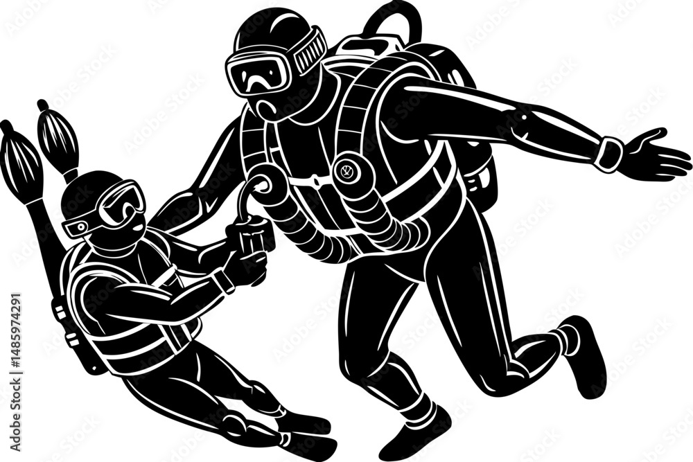 Obraz premium Silhouette design of scuba diving instructor guiding a student downwards, scuba, diving, diver, instructor, student, training, learning, underwater, ocean, sea, silhouette, vector, illustration, sport