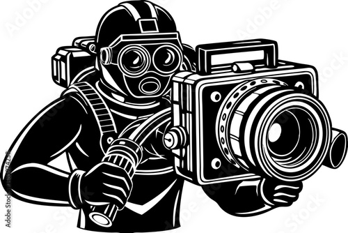 Scuba diver silhouette with underwater camera for diving and adventure, scuba diver, diver, diving, underwater, sea, ocean, camera, photograph, photography, sport, adventure, silhouette, black, vector