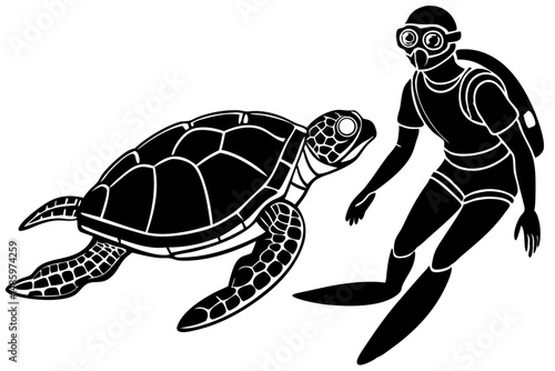 Scuba diver silhouette with sea turtle underwater calm swim together vector, scuba diver, sea turtle, underwater, ocean, silhouette, sea, diving, marine life, wildlife, swimming, tropical, calm