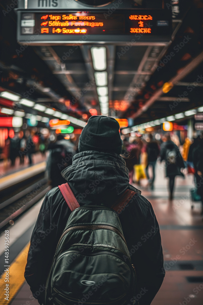Individual looks around anxiously in a busy railway terminal, scanning numerous signboards for correct departure information Individual looks around anxiously in a busy railway terminal, scanning numerous signboards for correct departure information