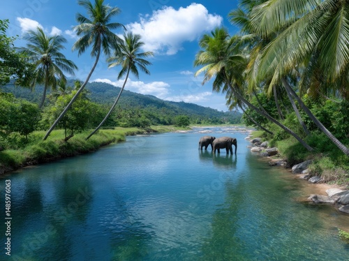 A group of elephants in the river at National Park, Sri Lanka
