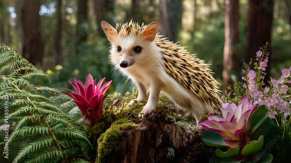 Obraz premium Adorable Hedgehog Surrounded by Tropical Flowers in a Lush Forest Environment