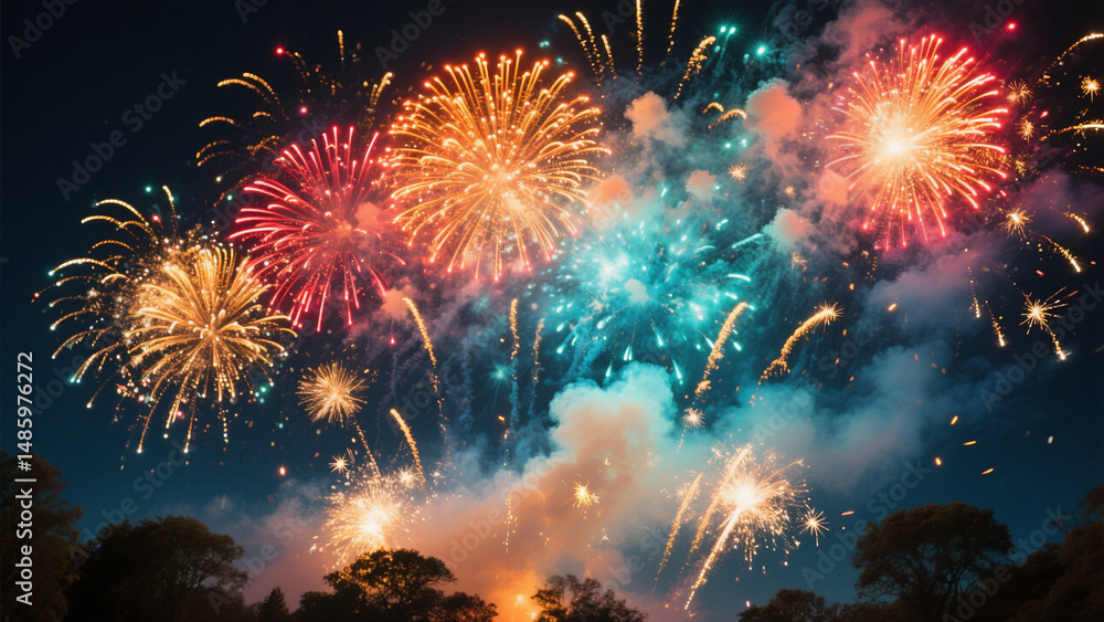 Fototapeta premium 4th of July Celebration, Vibrant Fireworks Explosion with American Flag Background