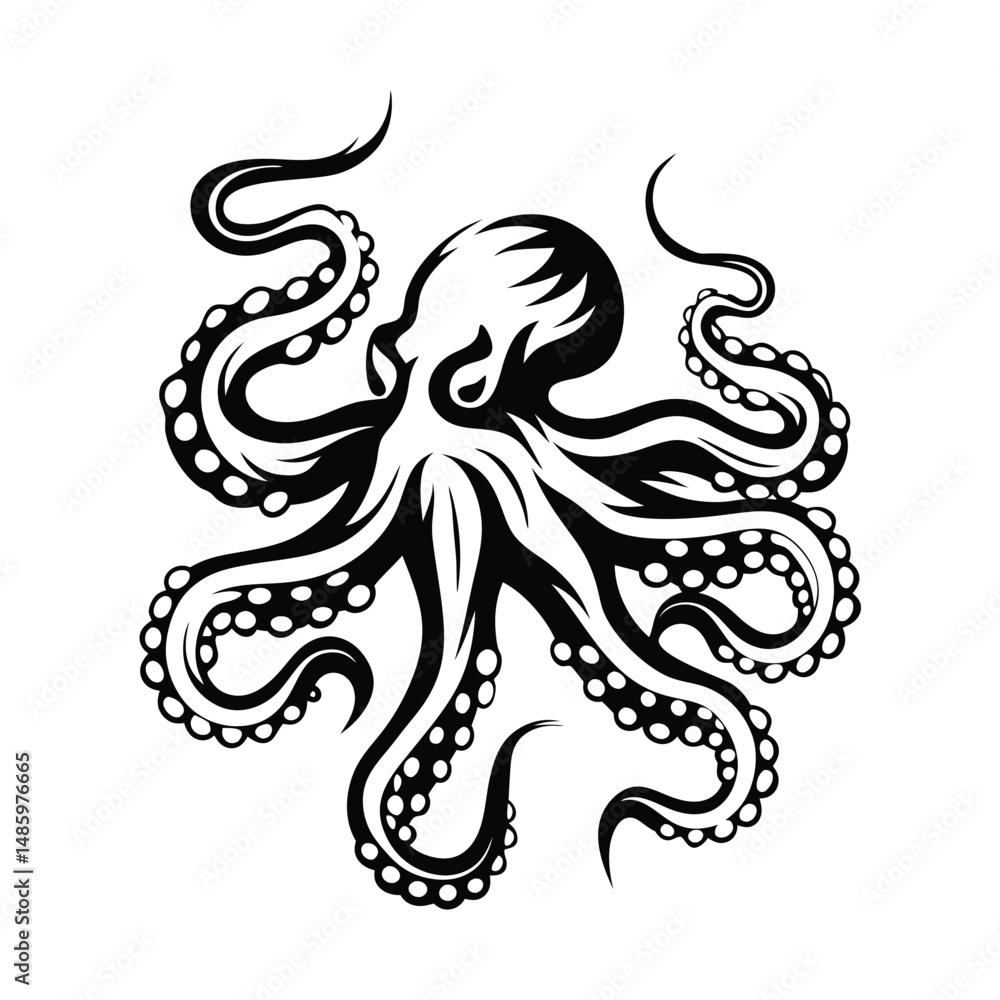 Fototapeta premium Elegant Black Octopus Silhouette with Intricate Tentacles and Suckers on White Backdrop