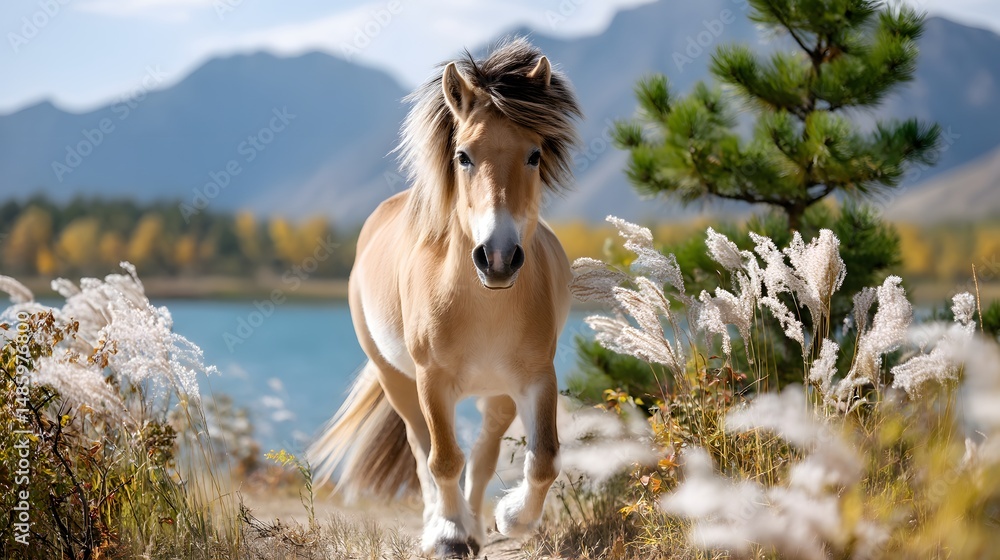 Obraz premium Majestic Horse Walking Along a Serene Lake with Mountains in the Background Under Clear Sky
