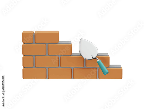Fototapeta Naklejka Na Ścianę i Meble -  trowel and bricks wall icon 3d rendering illustration