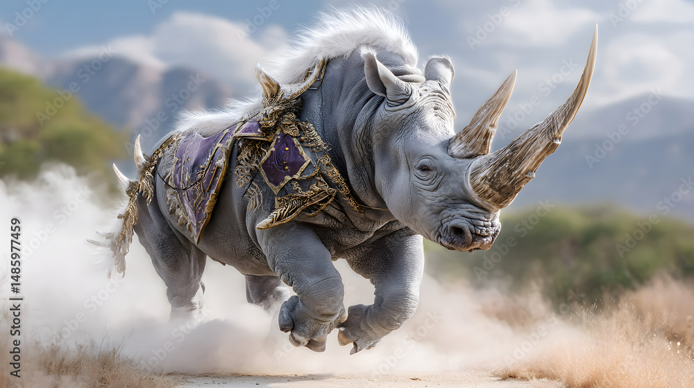 Fototapeta premium Majestic Rhino Charging Through Dusty Landscape in Ornate Regal Attire