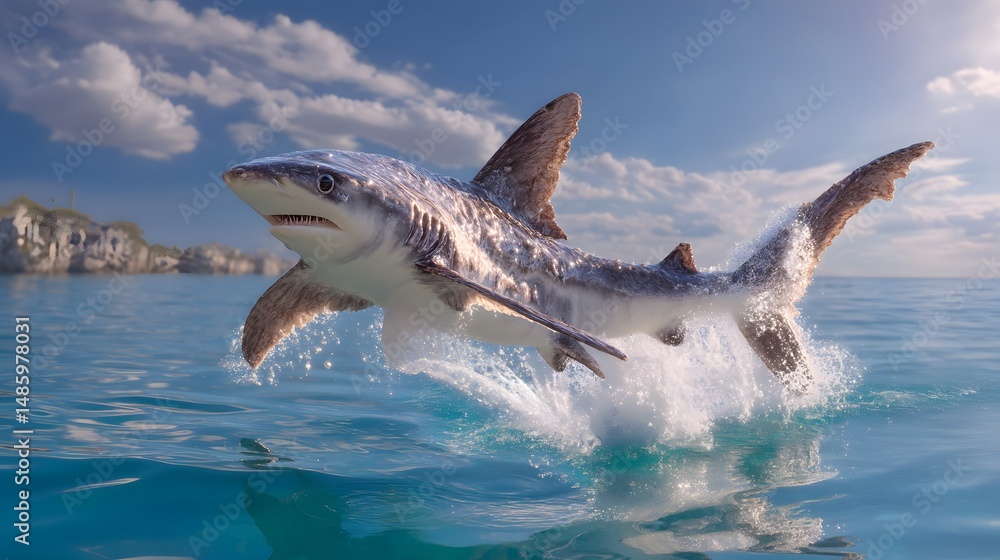 Fototapeta premium Majestic shark leaping from serene turquoise waters under a bright sky with fluffy clouds