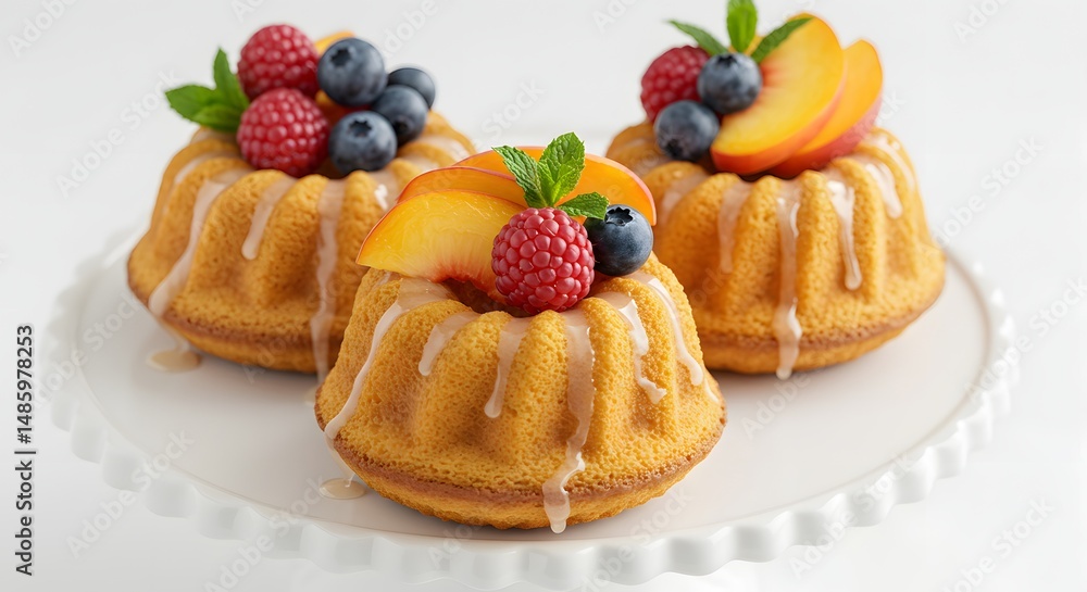 Three bundt cakes topped with fruit and glaze on a white scalloped platter Three bundt cakes topped with fruit and glaze on a white scalloped platter
