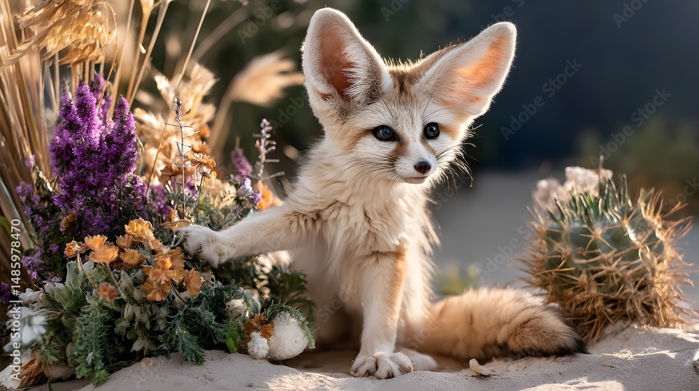 Obraz premium Adorable Fennec Fox Surrounded by Colorful Flowers and Cacti in a Natural Desert Setting
