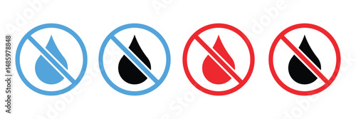 No Water Resistance and Waterproof Warning Icons – Water Drop Forbidden Symbols, Vector illustration.