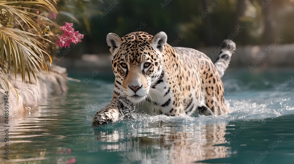 Fototapeta premium Majestic Jaguar Strolling Through Crystal Clear Water Surrounded by Lush Tropical Plants