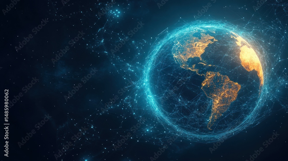 Digital representation of Earth focused on the Americas with interconnected glowing blue lines forming a network in space showing connectivity and technology Digital representation of Earth focused on the Americas with interconnected glowing blue lines forming a network in space showing connectivity and technology