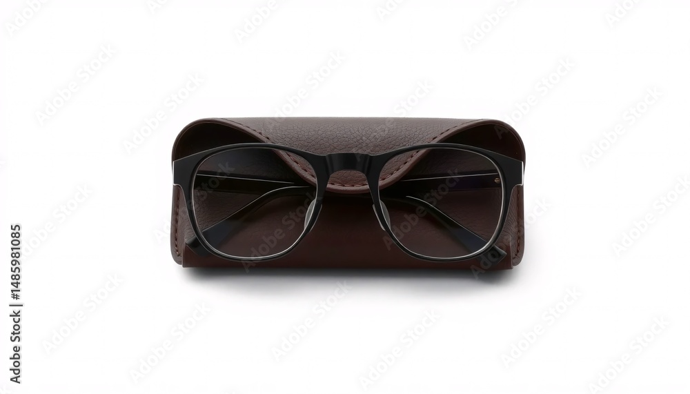 Eyeglasses rest in a brown leather case Eyeglasses rest in a brown leather case