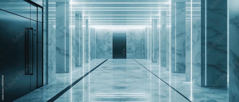 Modern marble hallway with neon lighting and a dark door at the end. Modern marble hallway with neon lighting and a dark door at the end.
