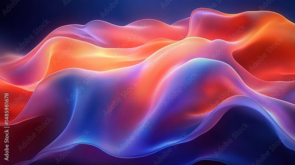 Obraz premium Flowing translucent fabric-like waves with vibrant gradient colors blending orange, red, purple, and blue creating a smooth, fluid, and dynamic abstract landscape